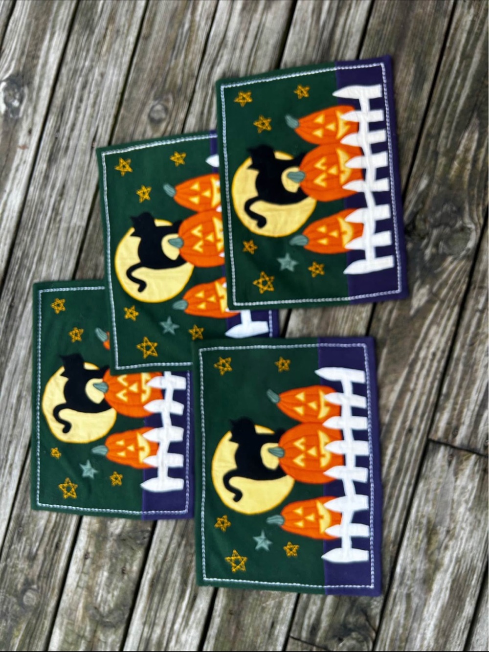 VTG Halloween Pumpkin Black Cat Fence Placemats Set Of 4 12x18